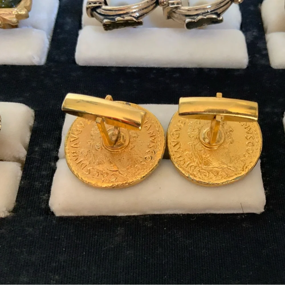 Vintage Roman Green Coin Cuff Links